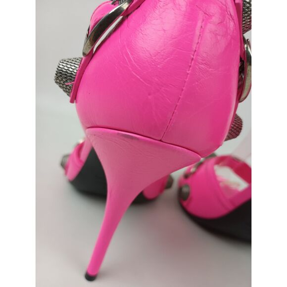 Balenciaga Women's Fluo Pink Cagole Leather Studded Sandals Size 39.5 - Picture 6 of 8